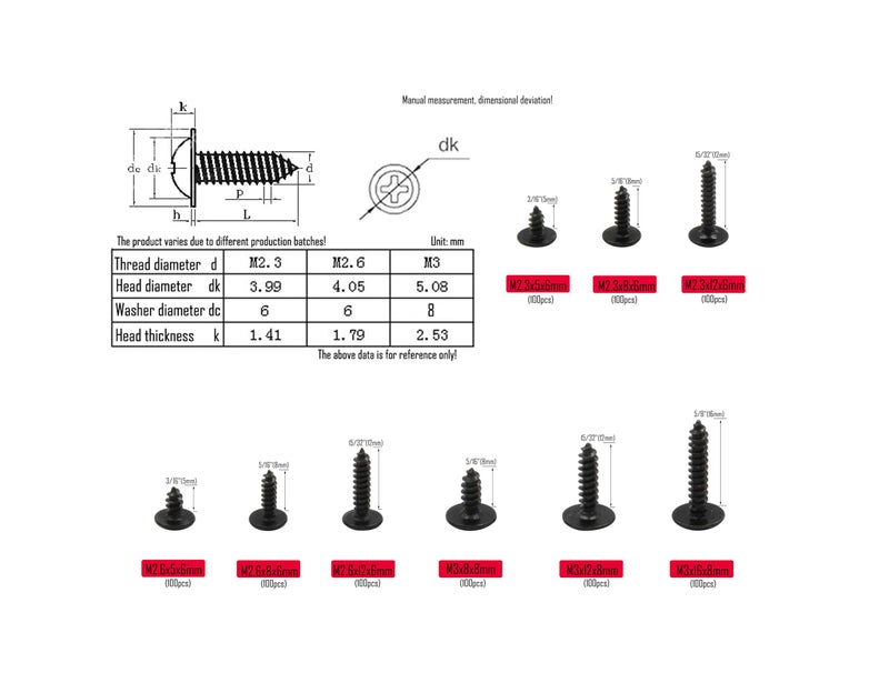 LBY 900pcs M2.3 M2.6 M3 Truss Head Self - Tapping Screws, Wafer Head Screws, Pan Head Washer Screw, 9 Sizes Self -Tapping Screws Assortment Kit, Carbon Steel (Blacking) - Image 3
